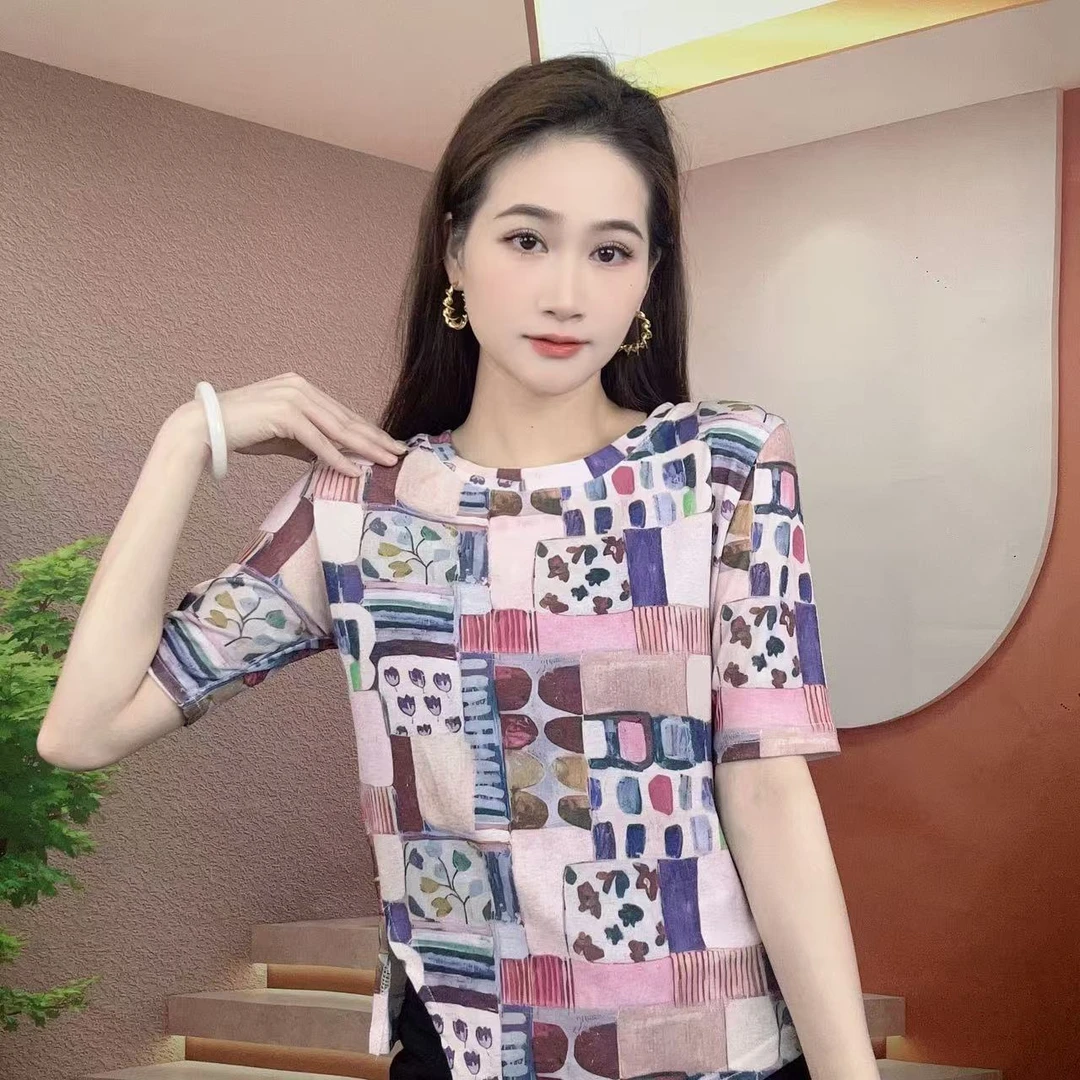 2025夏季新款冰丝不规则时尚显瘦印花T恤上衣A323