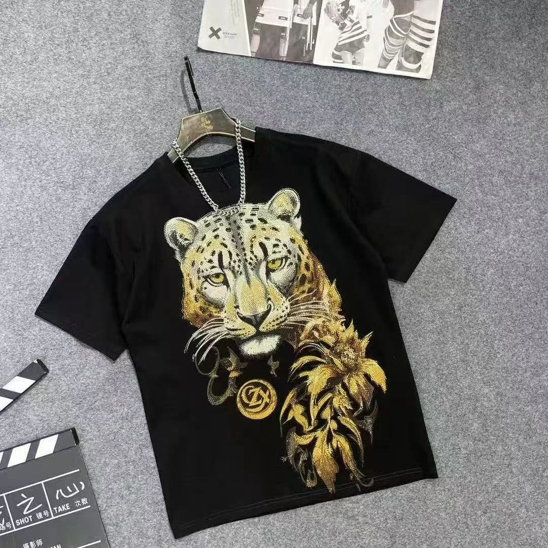 12066新款重工潮牌烫钻豹子字母短袖T恤圆领时尚休闲帅气百搭半袖
