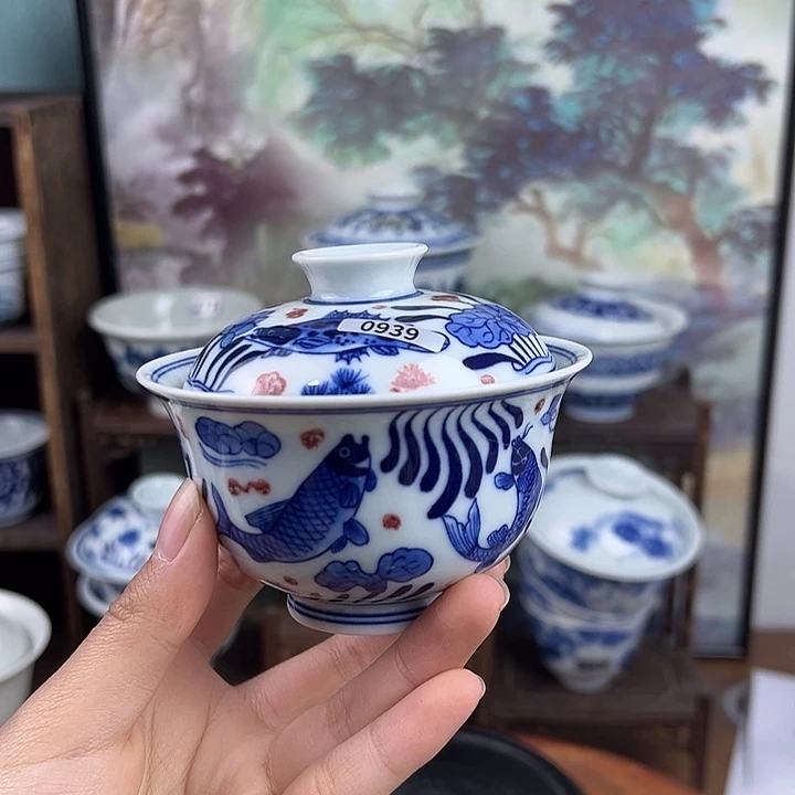 瓷其他鱼藻纹釉里红盖碗0939