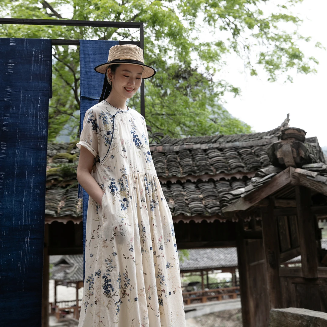 牧衣游原创 印花新疆棉连衣裙新款轻薄文艺古朴新中式长裙 水天清