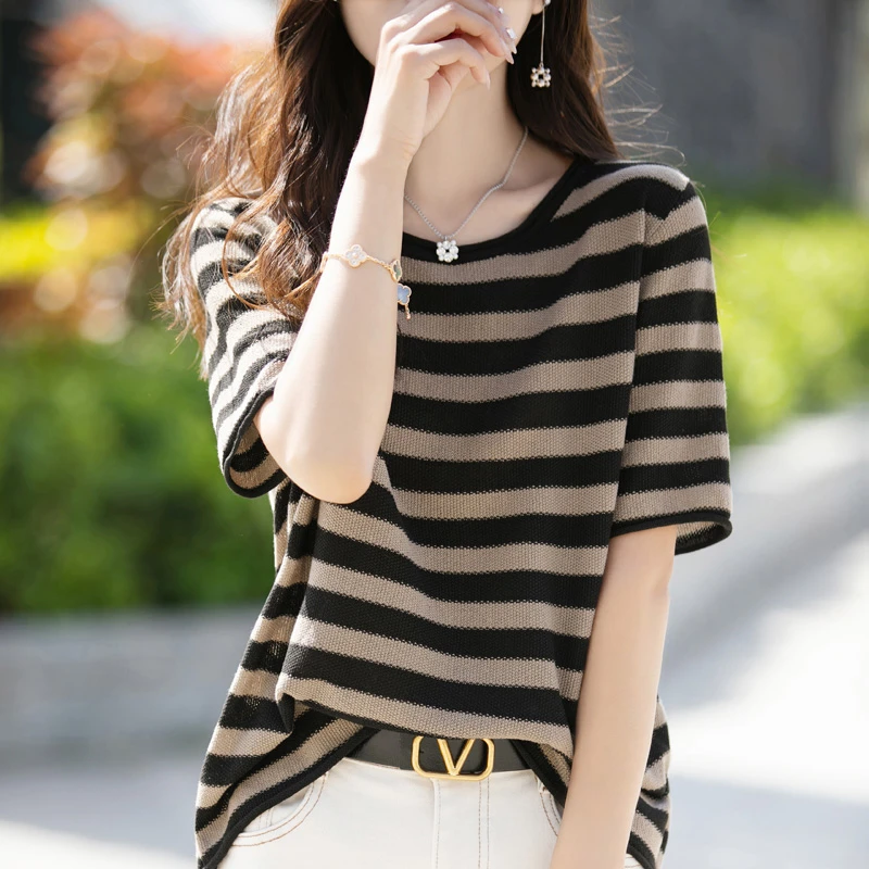 鄂尔多斯市棉羊毛短袖T恤女夏季2025新款宽松圆领条纹针织衫上衣