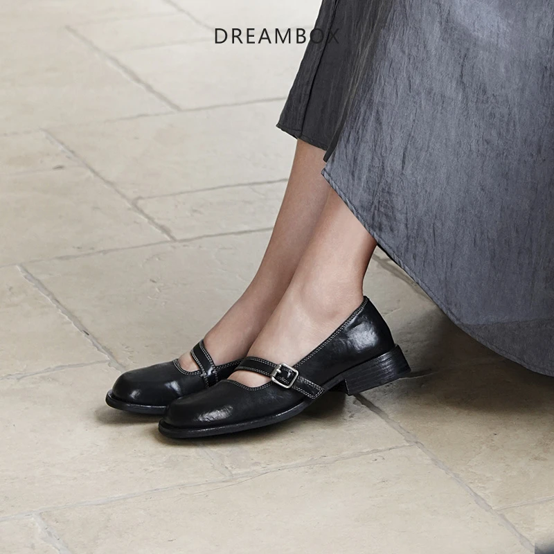 DREAMBOX钧博时尚轻奢一字扣浅口单鞋水洗马皮法式赫本风玛丽珍鞋
