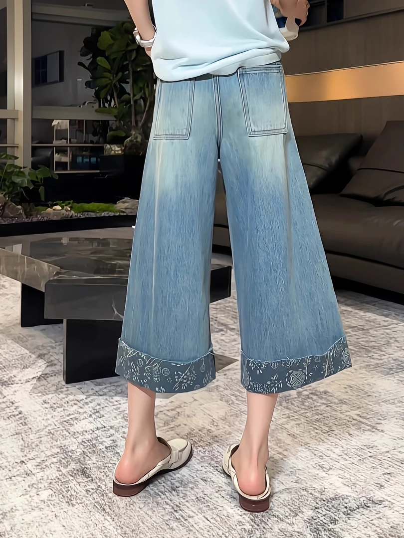 Z36697 印花中裤阔腿裤刺绣夏季牛仔裤薄款百搭高腰水洗