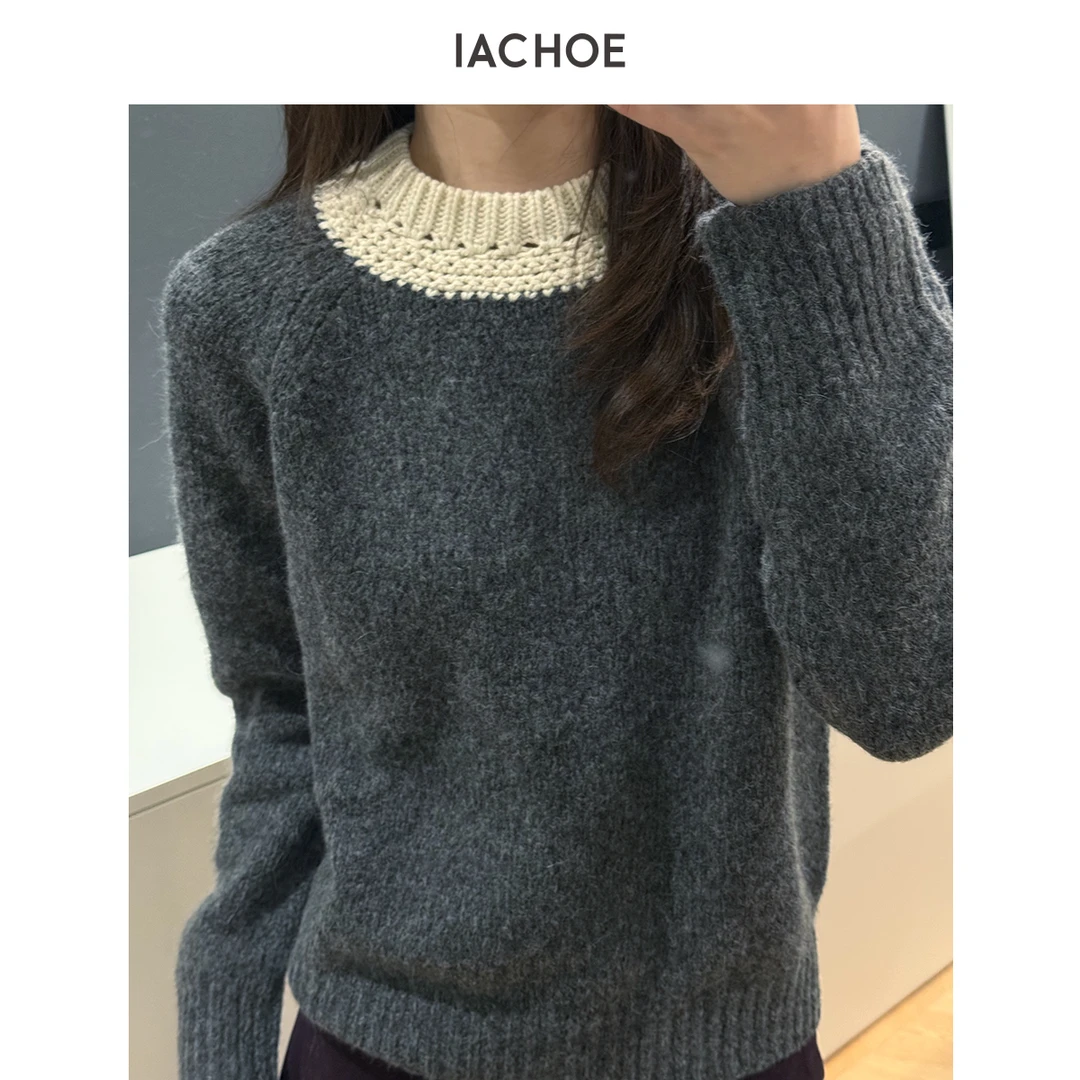 IACHOE【雪花酥】拼接色领子羊毛羊驼混纺毛衣3671505004