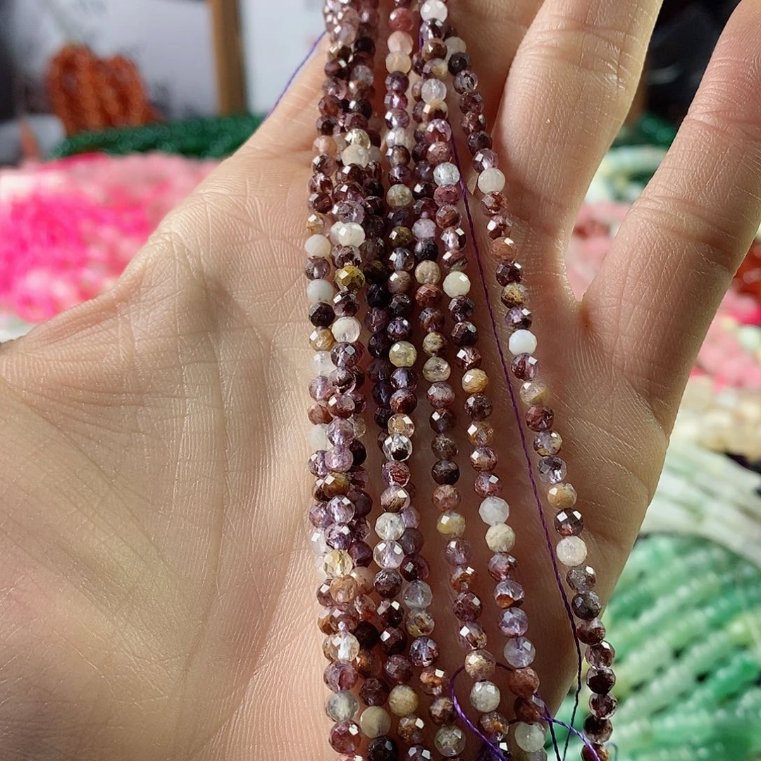 玛瑙/玉髓珠宝半成品合金一条天然3.4mm紫幽灵水晶切面圆珠