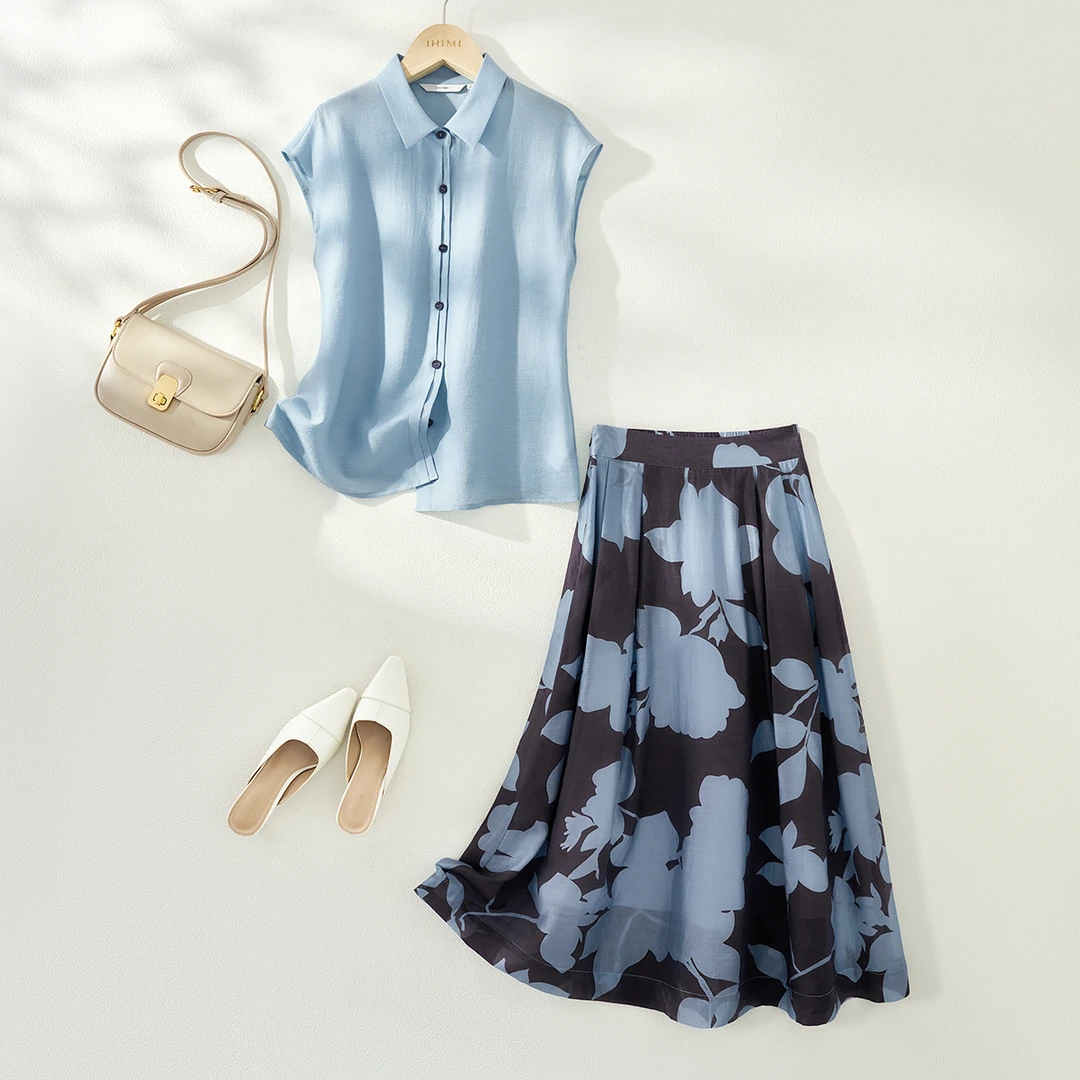 IHIMI/海谧25夏新款女装时尚衬衫上衣复古印花半身裙两件套装A003