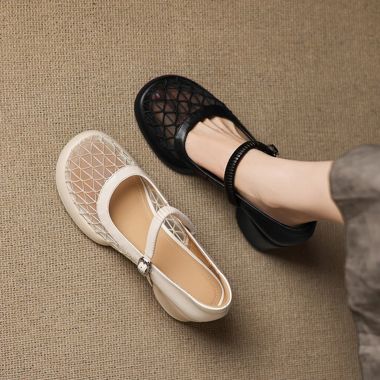 洞洞鞋女款2025新款爆款夏季复古方圆头网面粗跟浅口厚底单鞋