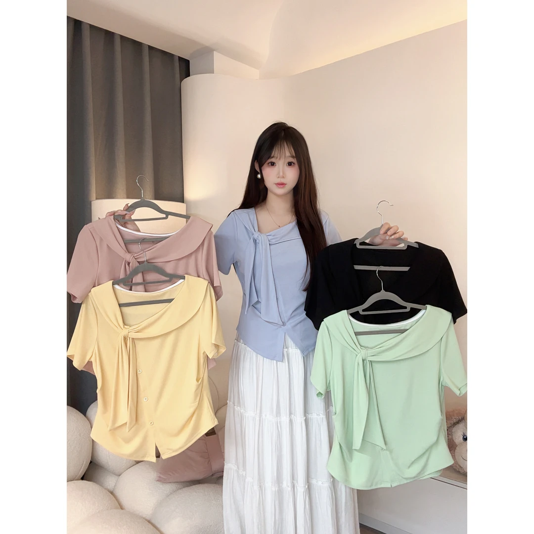 【贝蒂】2025新款大码胖mm纯欲T恤女遮肉显瘦不规则短袖甜妹上衣女