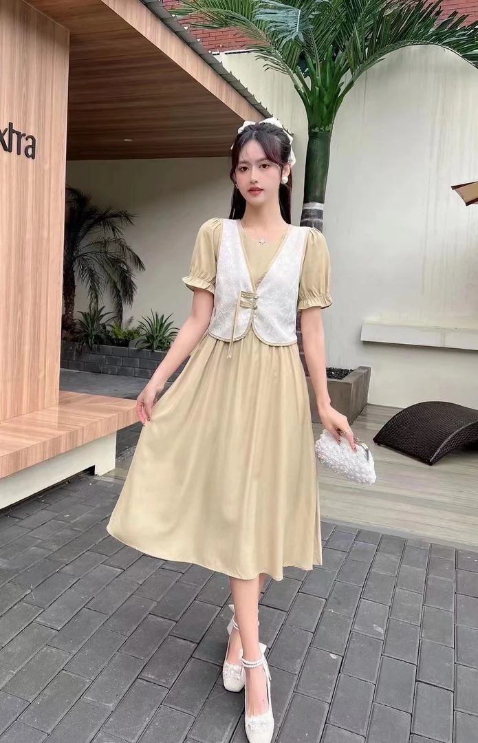 优雅时尚文艺有气质夏季新款遮肉显瘦精致减龄假两件连衣裙女