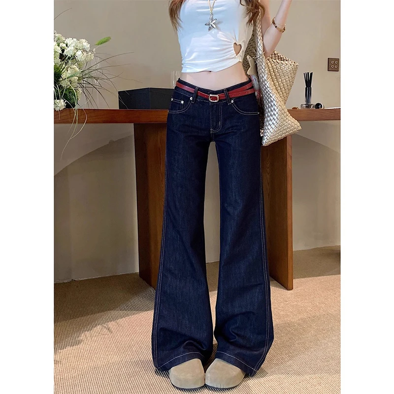 复古原牛色低腰不贴腿微喇牛仔裤女秋季新款街头辣妹高级感阔腿裤