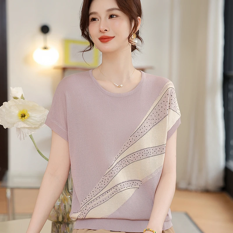 妈妈夏装气质短袖2025夏季新款年轻女装冰丝针织衫t恤薄遮肚上衣