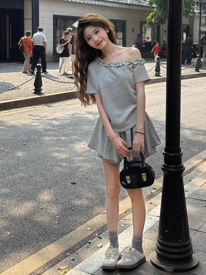 （W0896）韩系花边一字肩短袖T恤衫女设计感小众高腰显瘦短裙套装