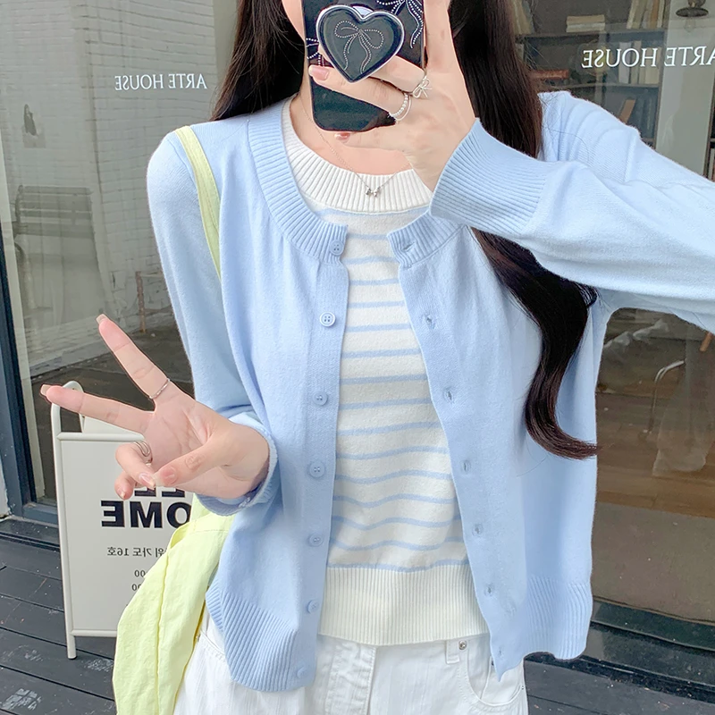 2025独特超好看上衣针织衫气质修身设计感别致条纹假两件开衫毛衣