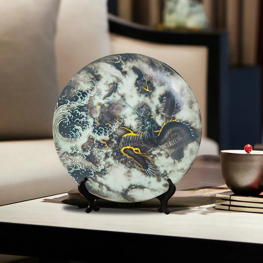 新中式盘子陶瓷装饰摆盘书架酒柜玄关柜摆件艺术赏盘龙2525