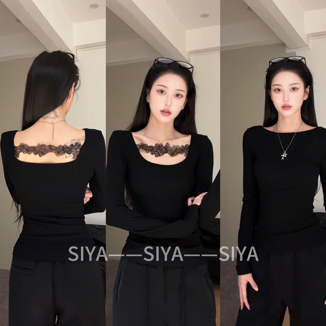 【SIYA】正反两穿~新款秋季修身纯欲镂空蕾丝内搭长袖T恤上衣