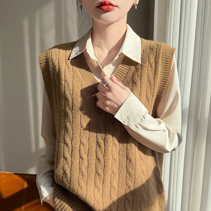 100%纯羊毛衫女无袖背心V领马甲春秋针织毛衣打底衫YC034