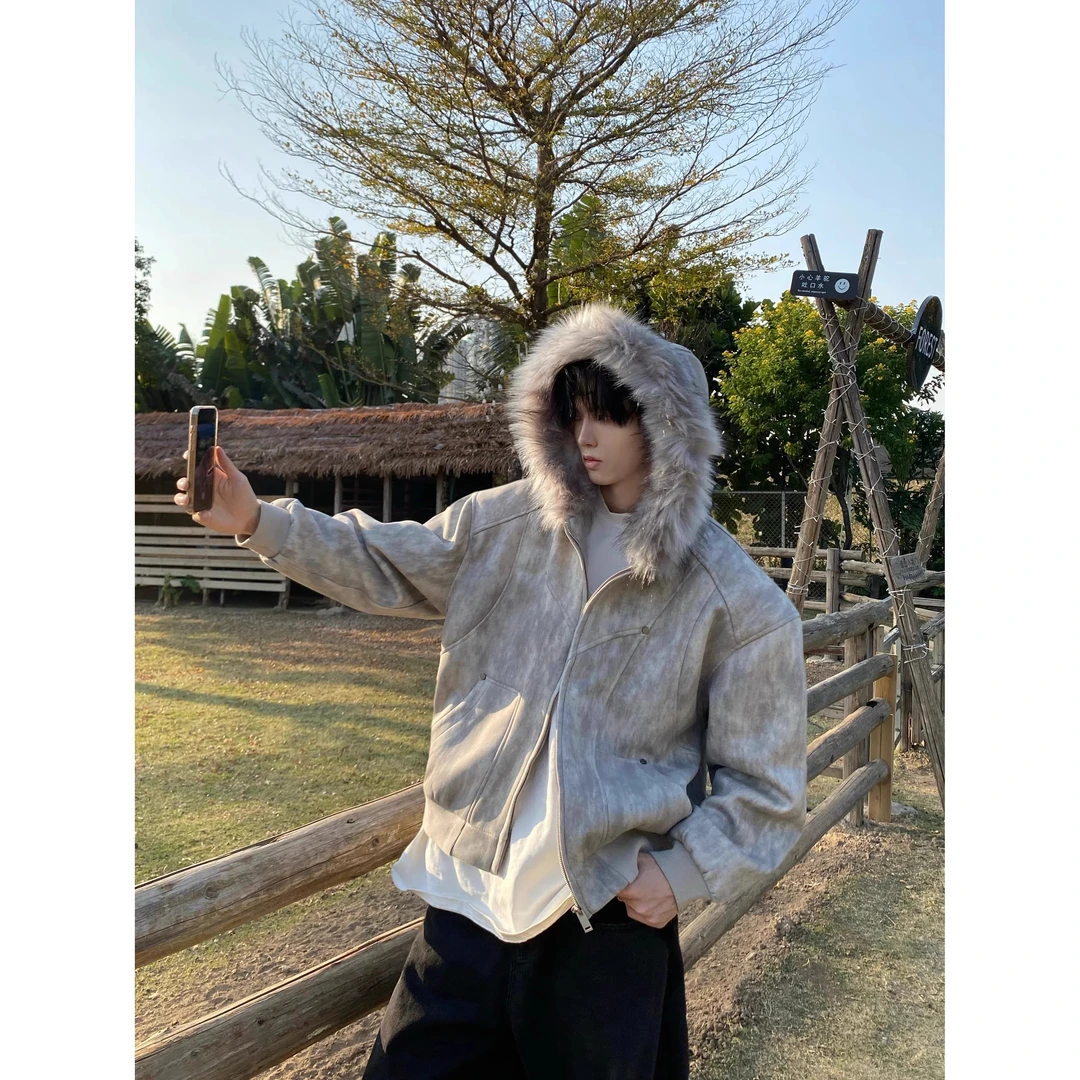 韩版简约毛领连帽工装夹克棉服高质感老钱时尚面包服棉衣冬季