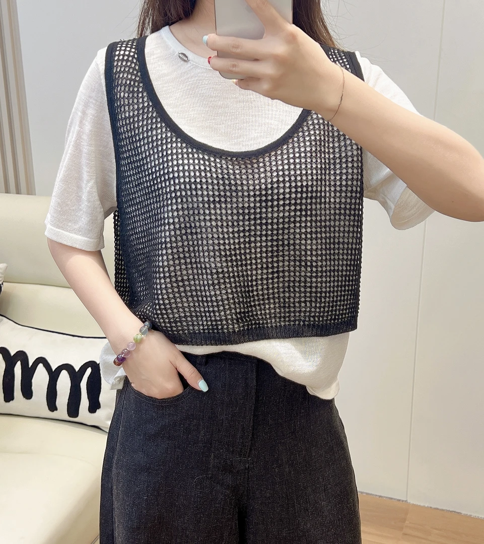 【纤纤】小个子夏季新款女式宽松薄款镂空透气短袖针织假两件上衣