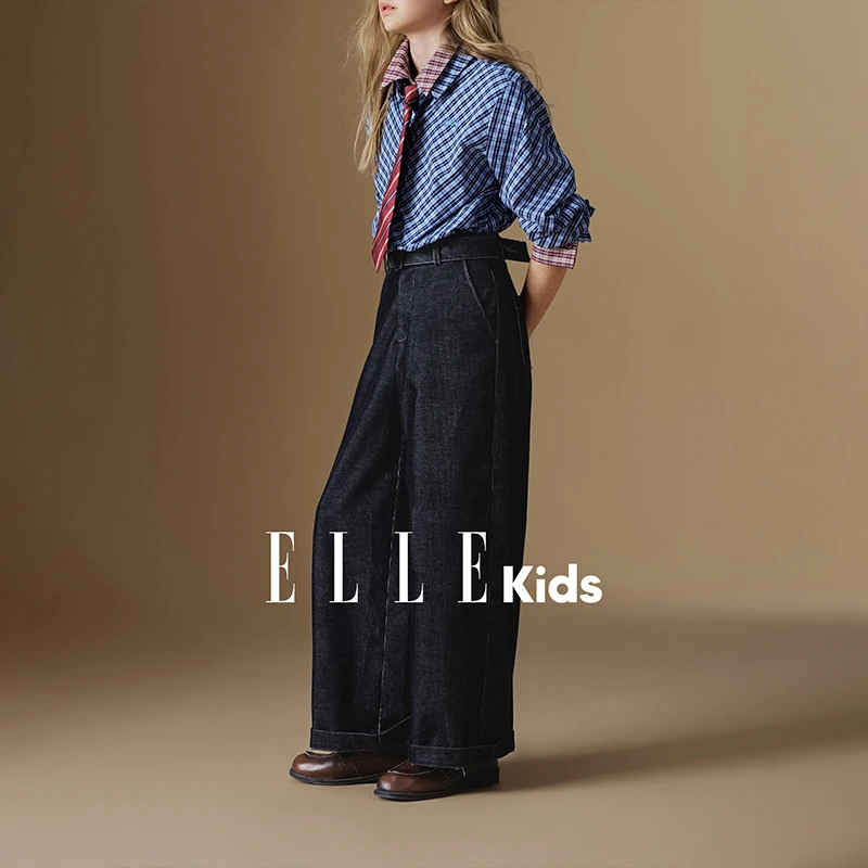 ELLE KIDS 灯芯绒直筒长裤女童秋季新款复古刺绣宽松水洗裤子Q5