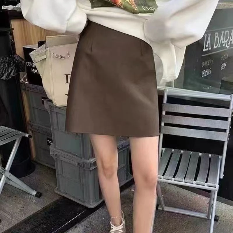 纯色简约时尚高腰PU皮裙半身裙防走光A字裙