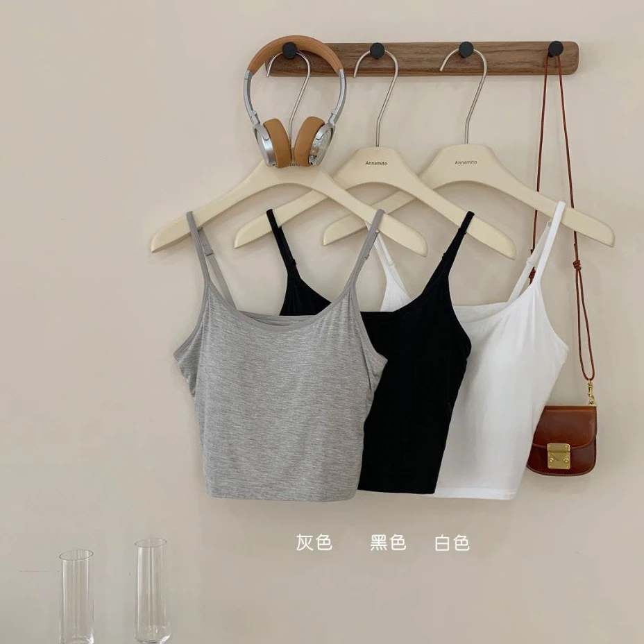罐头美背短C4409胸垫一体可调节弹力短款吊带背心