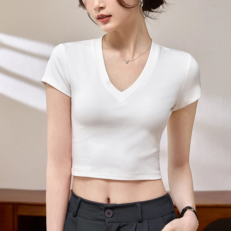 纯色v领短袖t恤女短款2025年夏季新款修身正肩高腰露脐设计感上衣