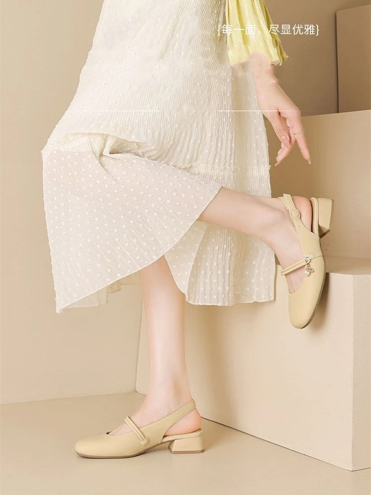 2025夏季新款舒适浅口时装凉鞋仙女风粗跟方头低跟一字带时尚拖鞋