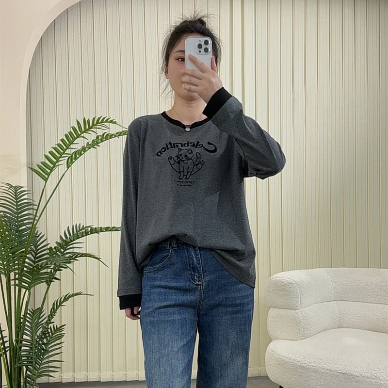 大码女装拼接撞色弹力棉印花长袖正肩T恤宽松显瘦遮肚子外穿上衣