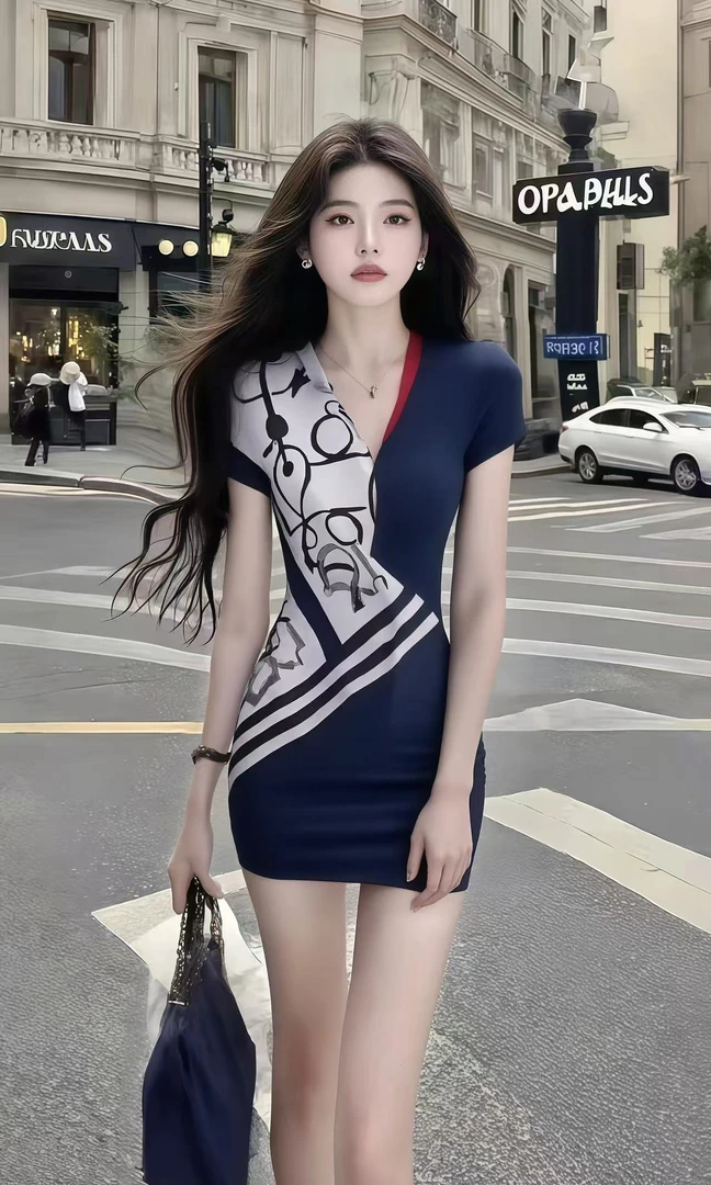温柔纯欲风藏青色V领修身短袖收腰包臀连衣裙女小众设计高级女装