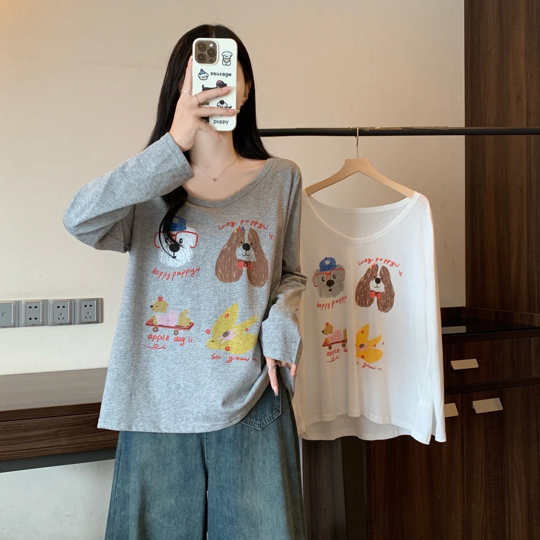 2025大码女装春季上卡通涂鸦狗狗长袖T恤上衣2961