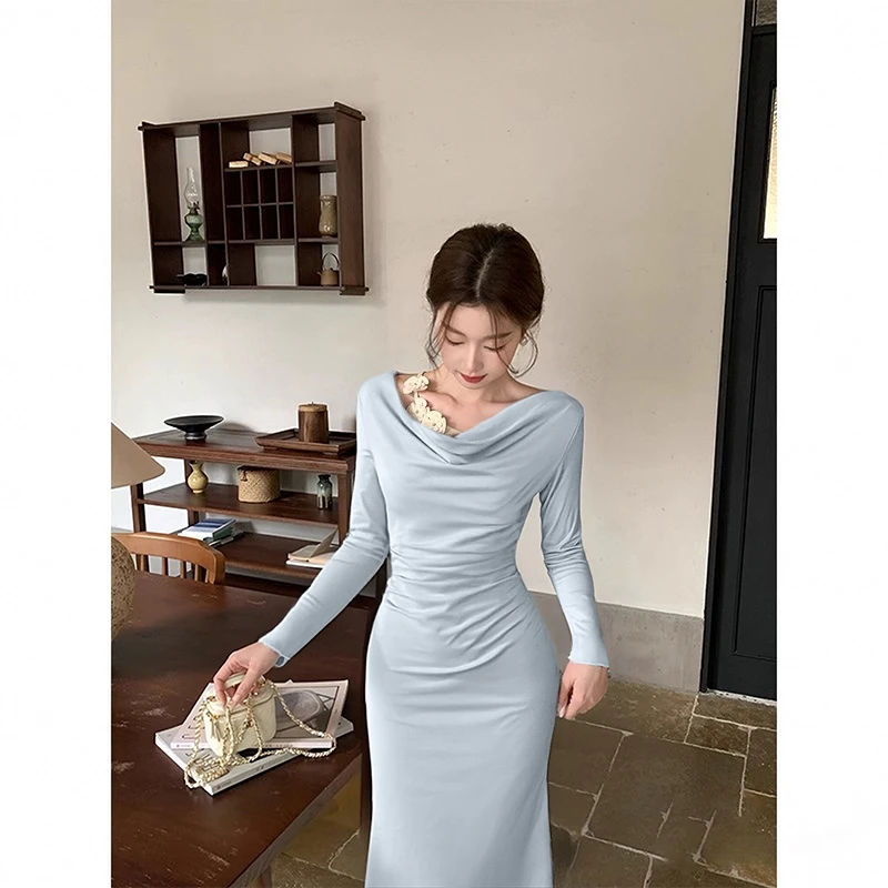 韩系女秋冬设计感气质长袖连衣裙D4254