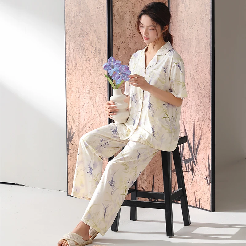 芬腾睡衣女夏季薄款短袖莱赛尔棉套装2025新款休闲宽松大码家居服