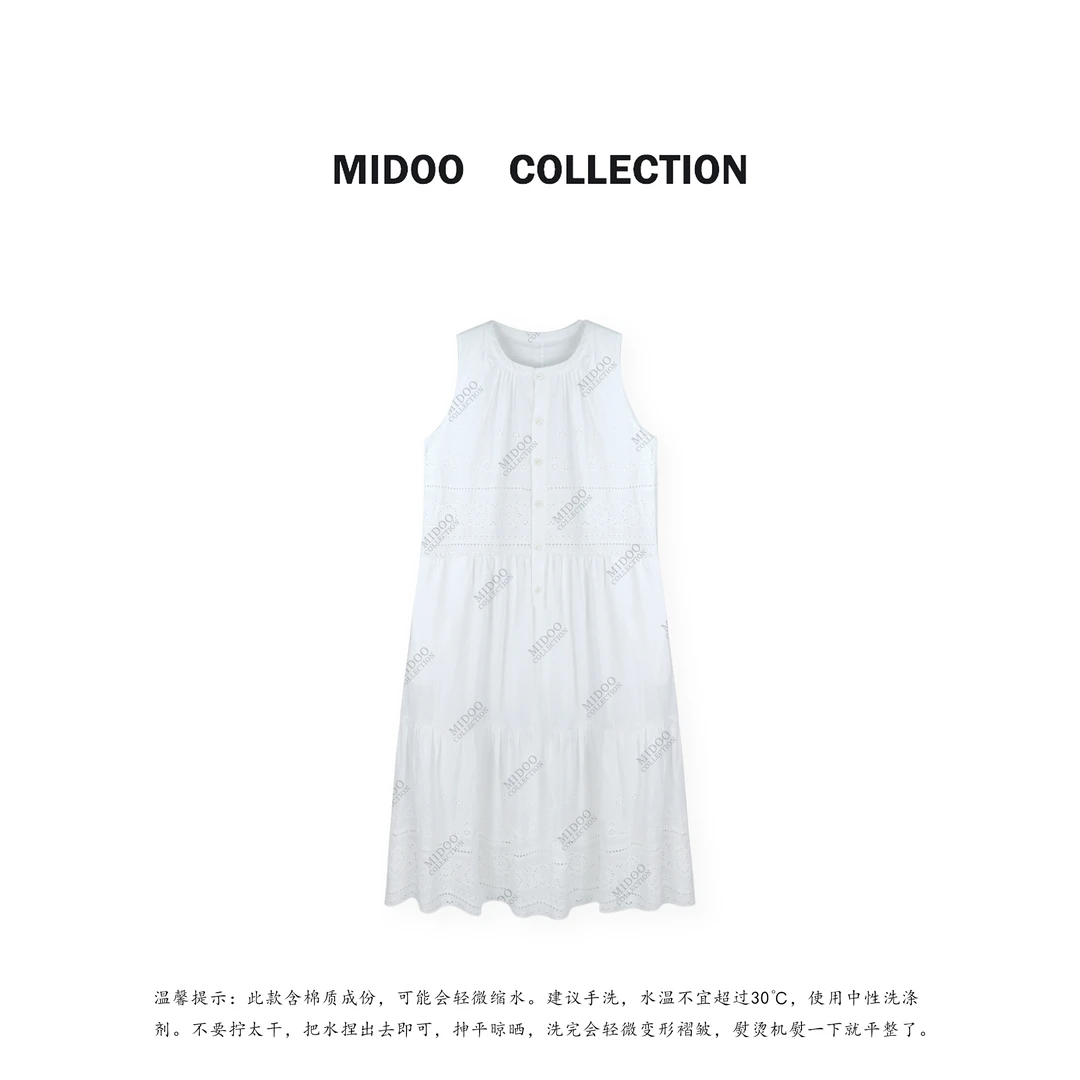 MIDOO ‘度假感’100棉镂空刺绣花边圆领无袖连衣裙