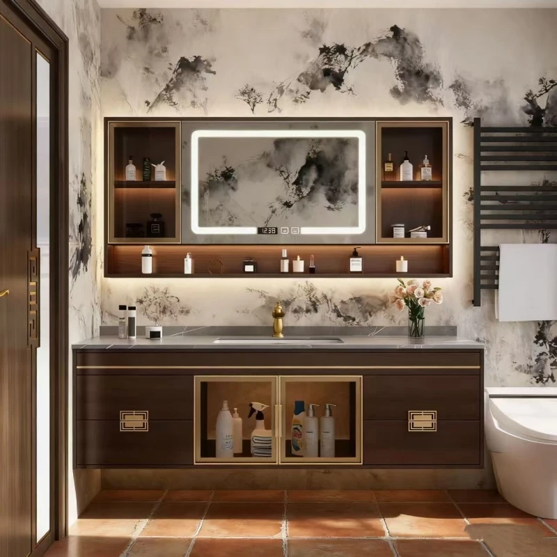 现代新中式浴室柜岩板一体无缝盆浴室柜组合卫生间洗漱台烤漆卫浴
