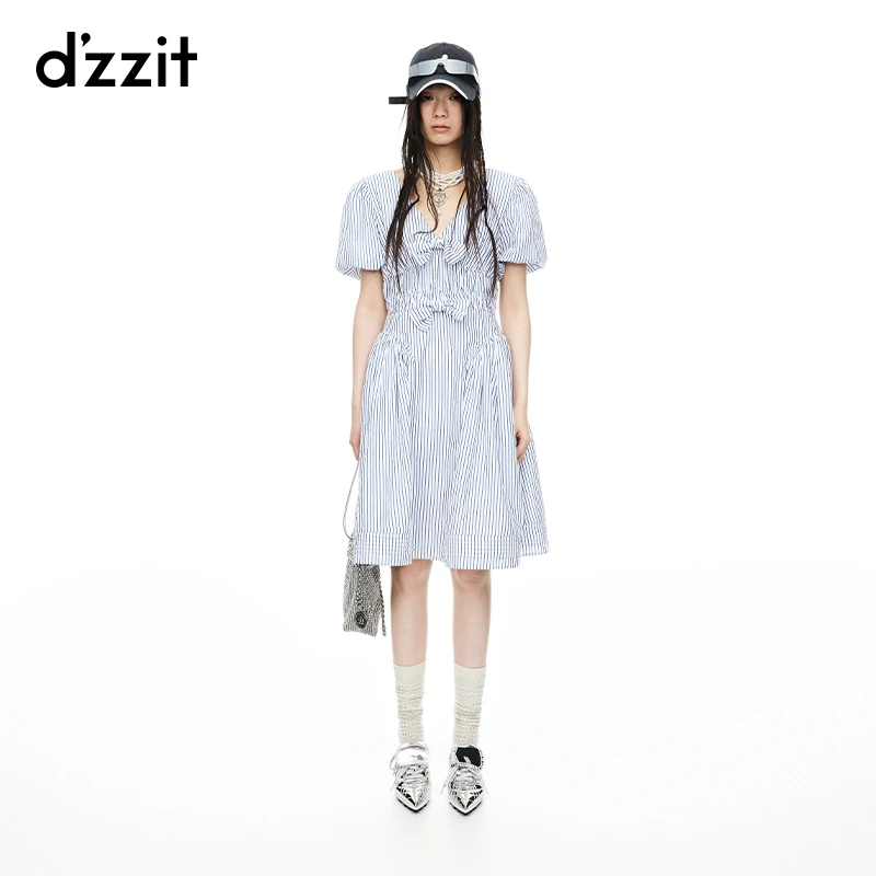 dzzit地素连衣裙夏季条纹蝴蝶结设计泡泡袖短裙子女3I2O4332T