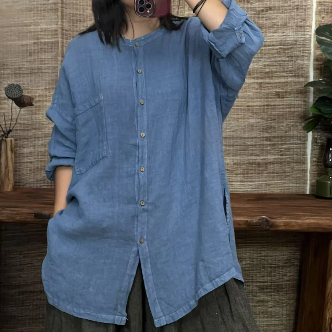 HH 65001汉麻来去缝中长款宽松休闲圆领对襟衬衫（衣长75 胸围140）