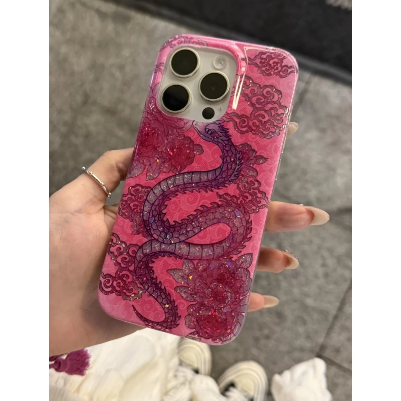 奥菲顿国风祥云紫蟒蛇适用iPhone16/15pro滴胶闪粉手机壳苹果12套