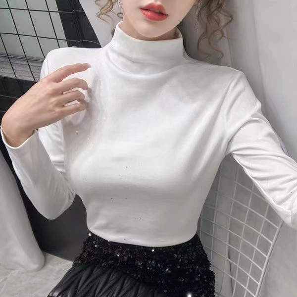 2025春款百搭半高领时尚亮闪闪打底衫长袖女装休闲洋气网红上衣服