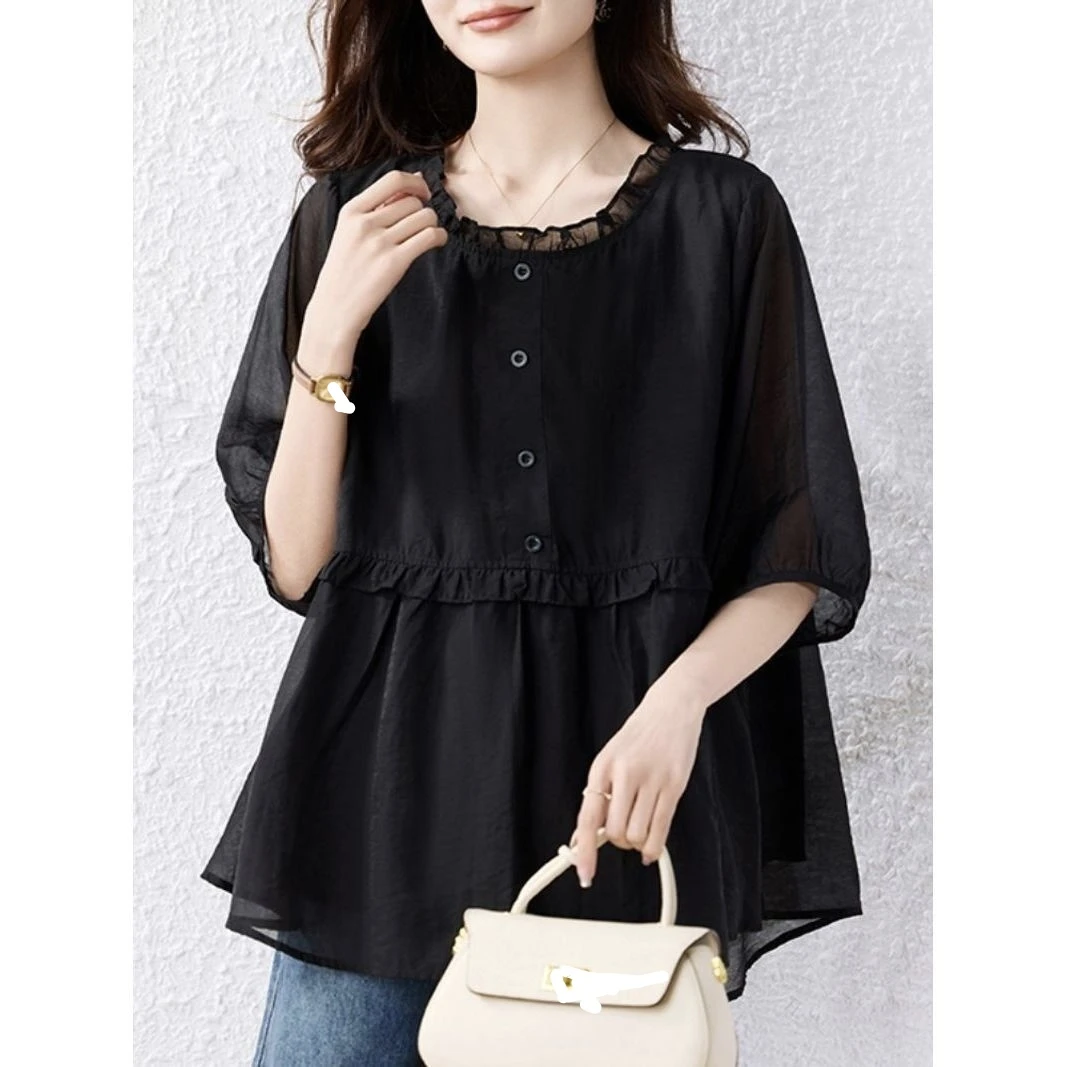 2025夏季新款时尚气质黑色短袖雪纺女上衣宽松遮肉透气显瘦