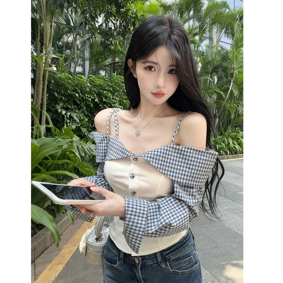 衬衣女春秋外穿格子小众一字肩吊带显瘦辣妹短款修身性感露肩上衣