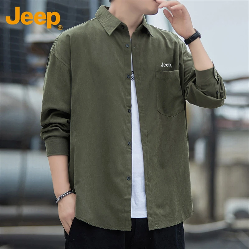 Jeep吉普衬衫男士长袖衬衣上衣春秋新款潮流宽松外套男装简约韩版