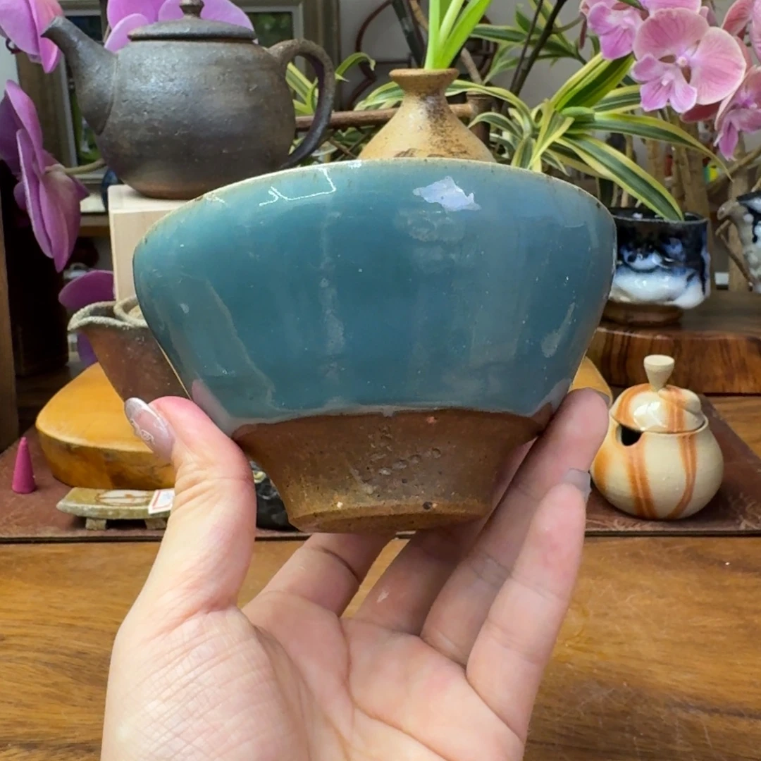 马场隆志备前烧蓝志野茶碗福利一口价