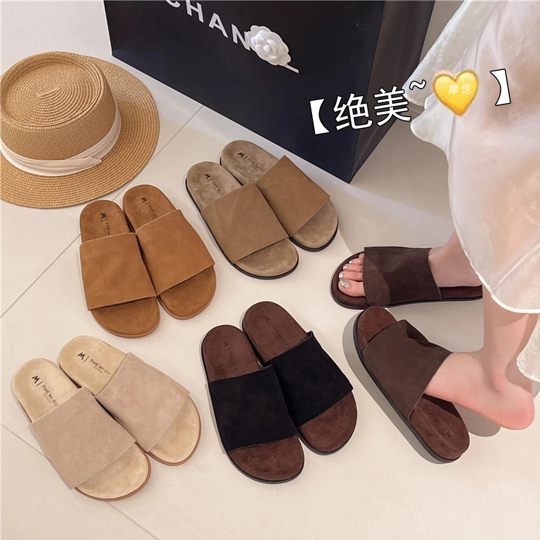 复古老钱风女外穿2025秋季新款牛反绒软底厚底百搭一字拖鞋女