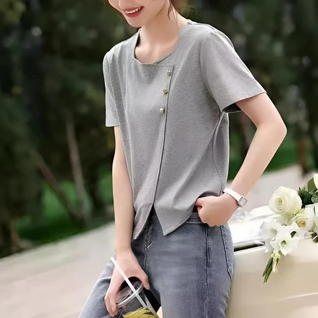 2025夏季新款时尚百搭设计感开叉灰色方领短袖T恤简约显瘦上衣