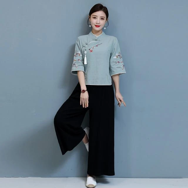 【倩雅衣馆】民族风套装禅意茶服棉麻盘扣绣花上衣+阔腿裤两件套
