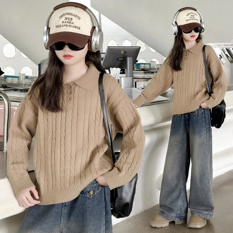 女童毛衣儿童Polo领针织衫2024新品中大童女孩春秋装上衣外贸线衣