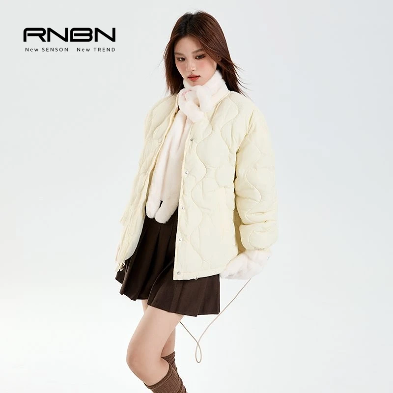 RNBN新款慵懒风菱格纹立领百搭棉服宽松显瘦保暖棒球服外套