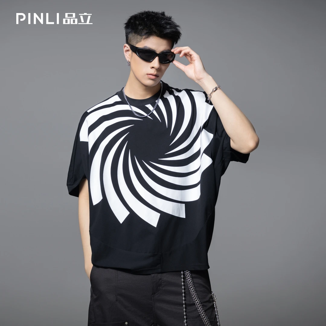 PINLI品立夏季潮牌手工印花短袖T恤男小众宽松休闲上衣B252111029
