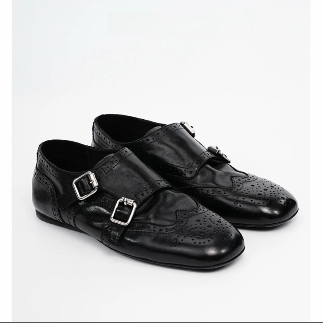 调性知识分子小牛皮水洗自然肌理打蜡抛光雕花牛津布洛克平底鞋