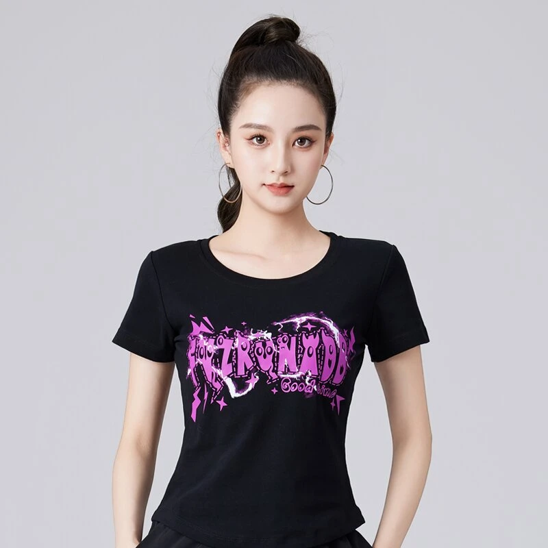 CY新款女士螺纹棉印花后背蝴蝶结图案女士短袖T恤